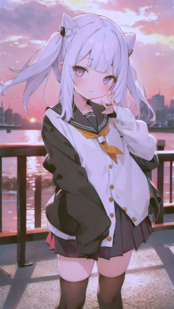 One girl, (Sunset sky), Standing and waving, School Area, Cityscape, scenery, School Cardigan, (Sleeves are longer than the wrist), Powerful loafers, Black ash two side up hair, Blunt bangs, Beautiful dark eyes, Black knee socks, Cinema Lighting, Upper Body, :3,