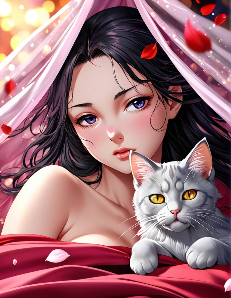 (Harem Manga style:1.2) , Hallucination, daydream , nightmare , Insane Dream , bokeh , erotica , romance , girl and realistic cat , Petals fluttering down , (Single eyelids, round nose, swollen cheeks) , glossy lips , Collarbone , Hair blowing in the wind , Goddess of lust , wrapped body by transparent blanket , hide crotch by cat , (close up cat:1.1)