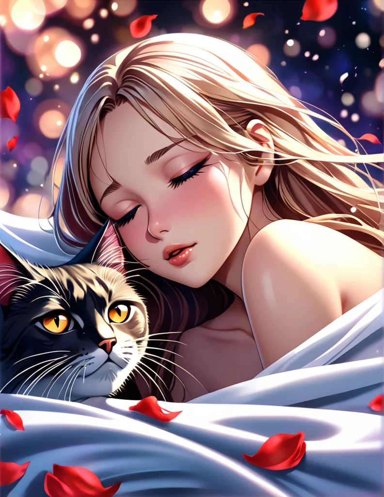 (Harem Manga style:1.2) , Hallucination, daydream , nightmare , Insane Dream , bokeh , erotica , romance , girl and realistic cat , Petals fluttering down , (Single eyelids, round nose, swollen cheeks) , glossy lips , Collarbone , Hair blowing in the wind , Goddess of lust , wrapped body by transparent blanket , hide crotch by cat , (close up cat:1.1)