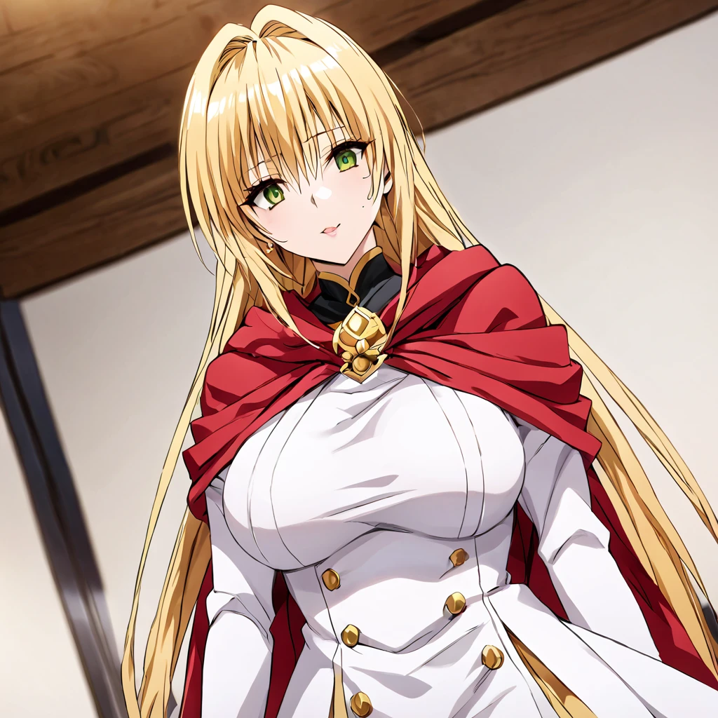 ((Highest quality)), ((masterpiece)), (detailed), （Perfect Face）、The woman is a thief with green eyes, medium-long blonde hair and a white robe.、In the castle as Princess of Moonbrooke wearing a red hooded cloak with the crest of Loto