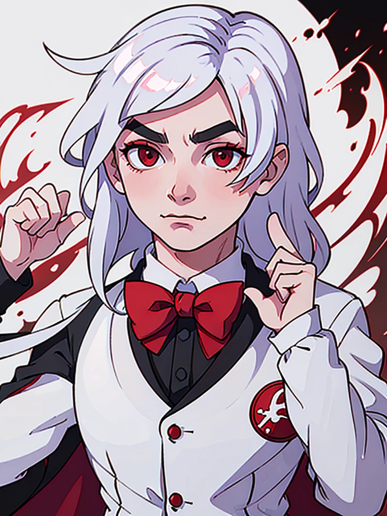 a man with red eyes and white hair, wearing white, his hands up and a bow tie. he is making hypnosise with his hand. Dracula style. comics anime style. (No background) (Portrait)