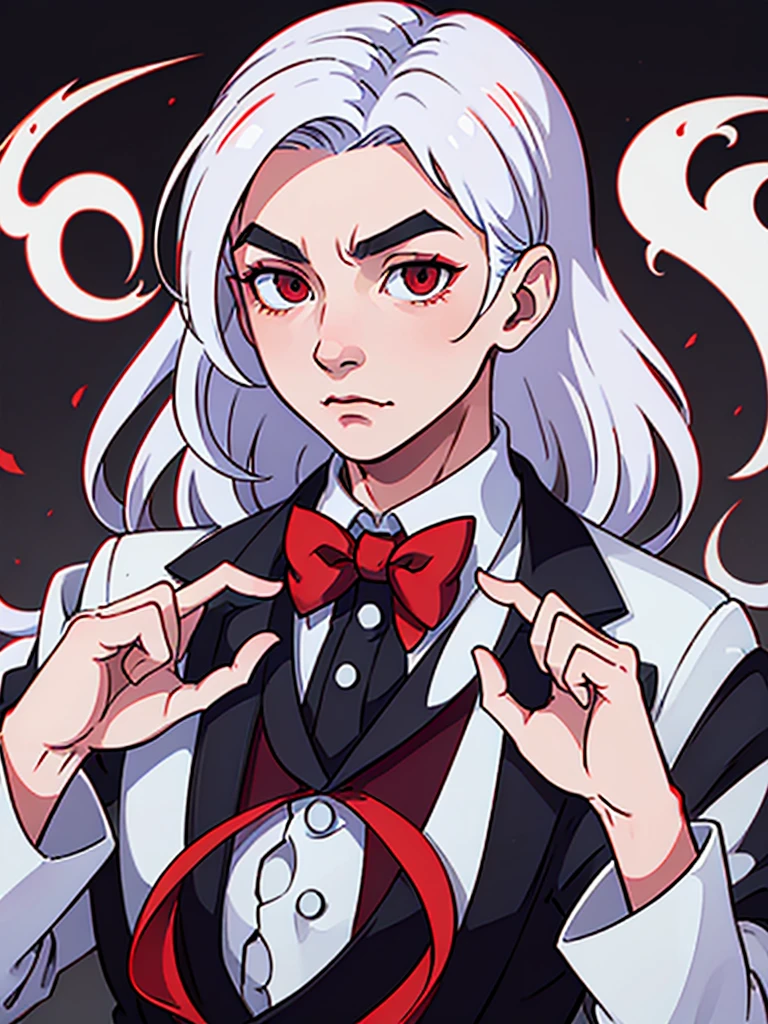 a man with red eyes and white hair, wearing white, his hands up and a bow tie. he is making hypnosise with his hand. Dracula style. comics anime style. (No background) (Portrait)