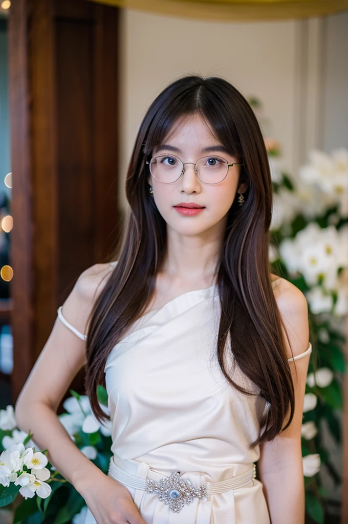 (best quality:1.4), (very high:1.2), (realistic:1.4), (8K, raw image:1.2),(Portrait:1.3), Creamne_, 1 girl, alone, glasses, glassesทรงกลม, upper body, (long hair:1.2), look at viewer, Bokeh, depth of field, Medium bust, sit, water, white flowers, full body, (shoulder length sash:1.4), (decorations:1.4), (Floating comfortably:1.4), white dress, 