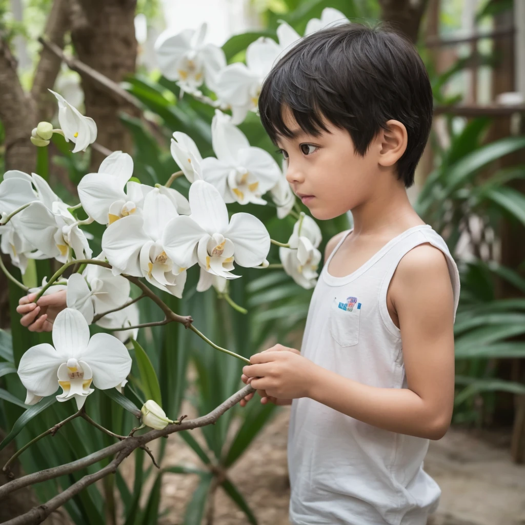 A young boy who has a slit in his forearm, and inside there are white orchid flowers, and he picked one of those flowers.