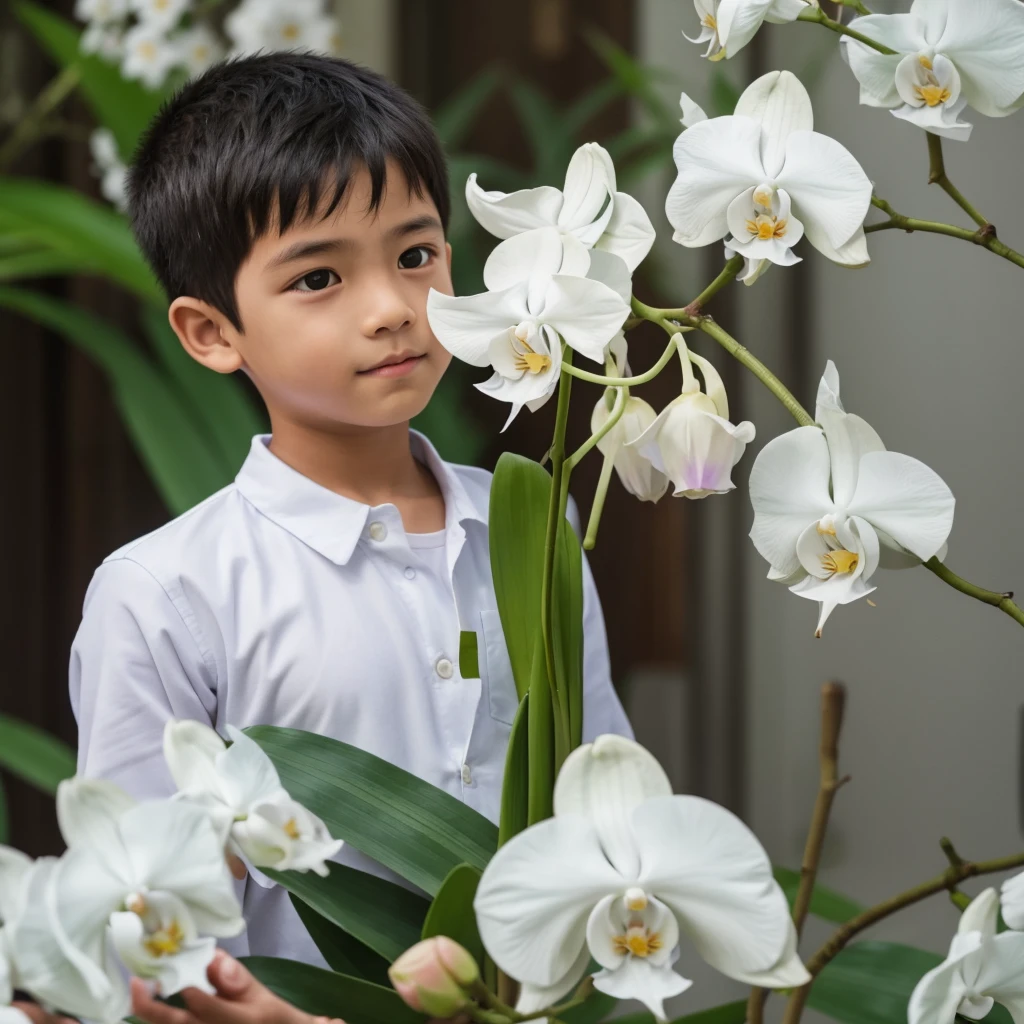 A young boy who has a slit in his forearm, and inside there are white orchid flowers, and he picked one of those flowers.