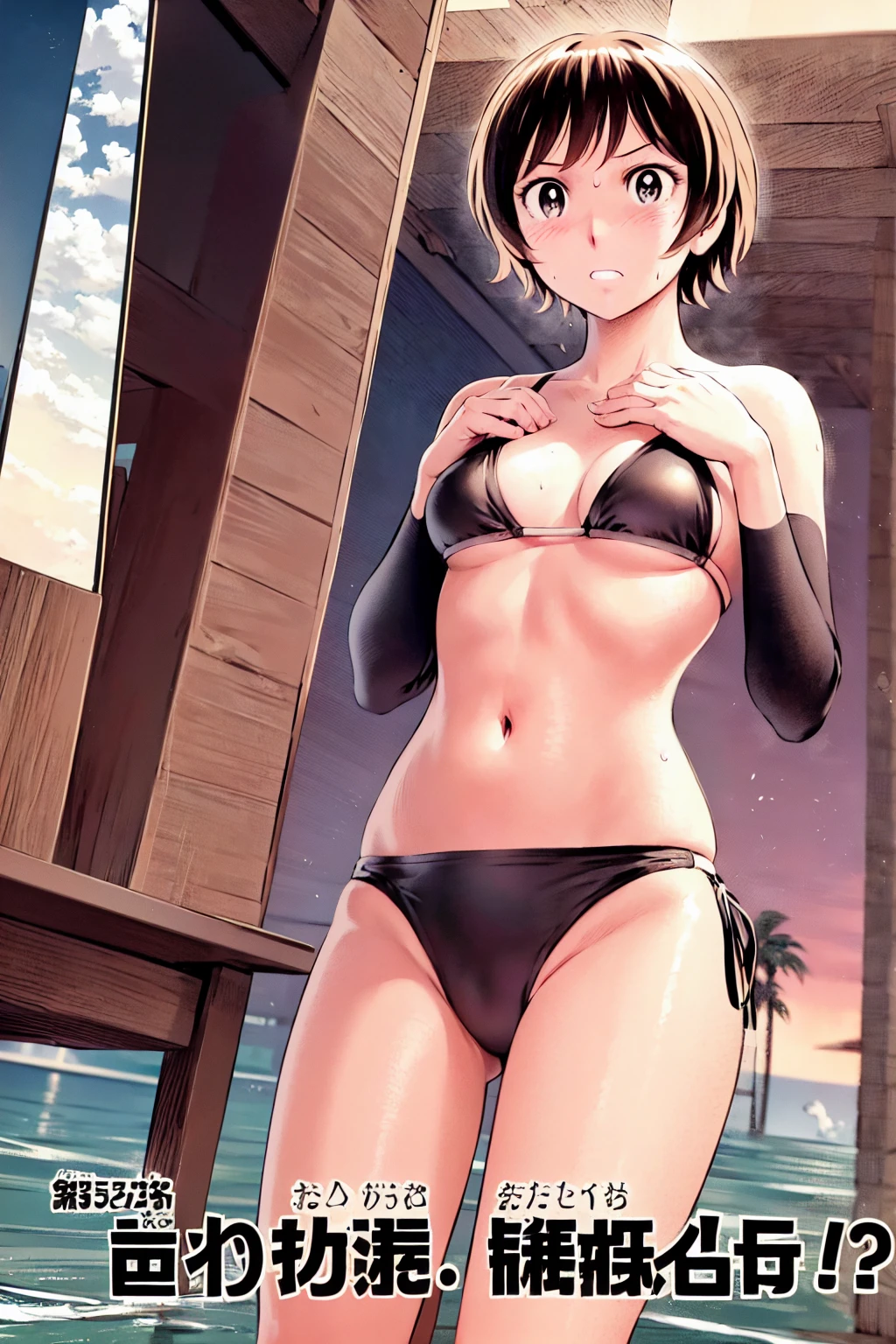 、(masterpiece、Highest quality)、Highest quality, Ultra-high resolution, (((masterpiece))), alone, Sweat、Big eyes, Composition from the front、Shortcuts、Embarrassed face、Bronze colored hair、Cut your hair short、Ocean、Beach、Black Micro Bikini、belly button、short hair、(Bronze colored hair)