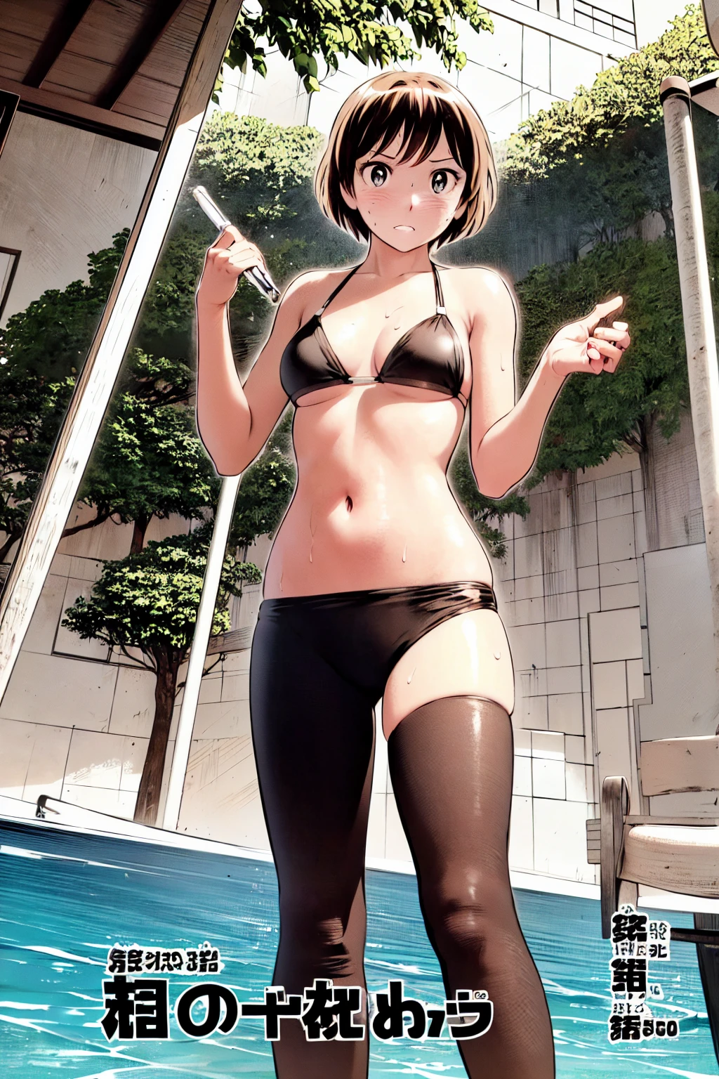 、(masterpiece、Highest quality)、Highest quality, Ultra-high resolution, (((masterpiece))), alone, Sweat、Big eyes, Composition from the front、Shortcuts、Embarrassed face、Bronze colored hair、Cut your hair short、Ocean、Beach、Black Micro Bikini、belly button、short hair、(Bronze colored hair)