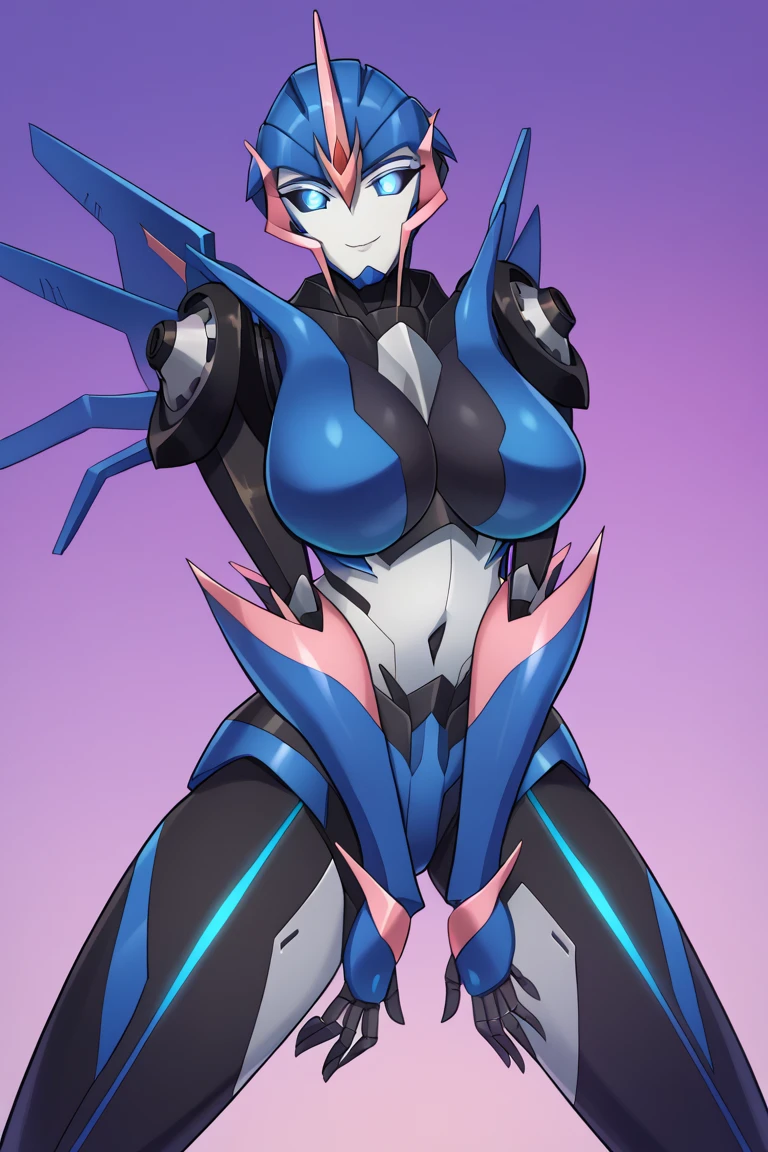 score_9, score_8_up, score_7_up, BREAK, 1girl, solo, arceetp, mecha, robot, castle background, autobot, blue glowing eyes, Upper body, standing, bent over, spread legs, nigth, black legs, thick legs,  sexy body, big breasts, smile, front view, look at the viwer, bent over, sexy pose, no smile, black chest, big breasts, below view