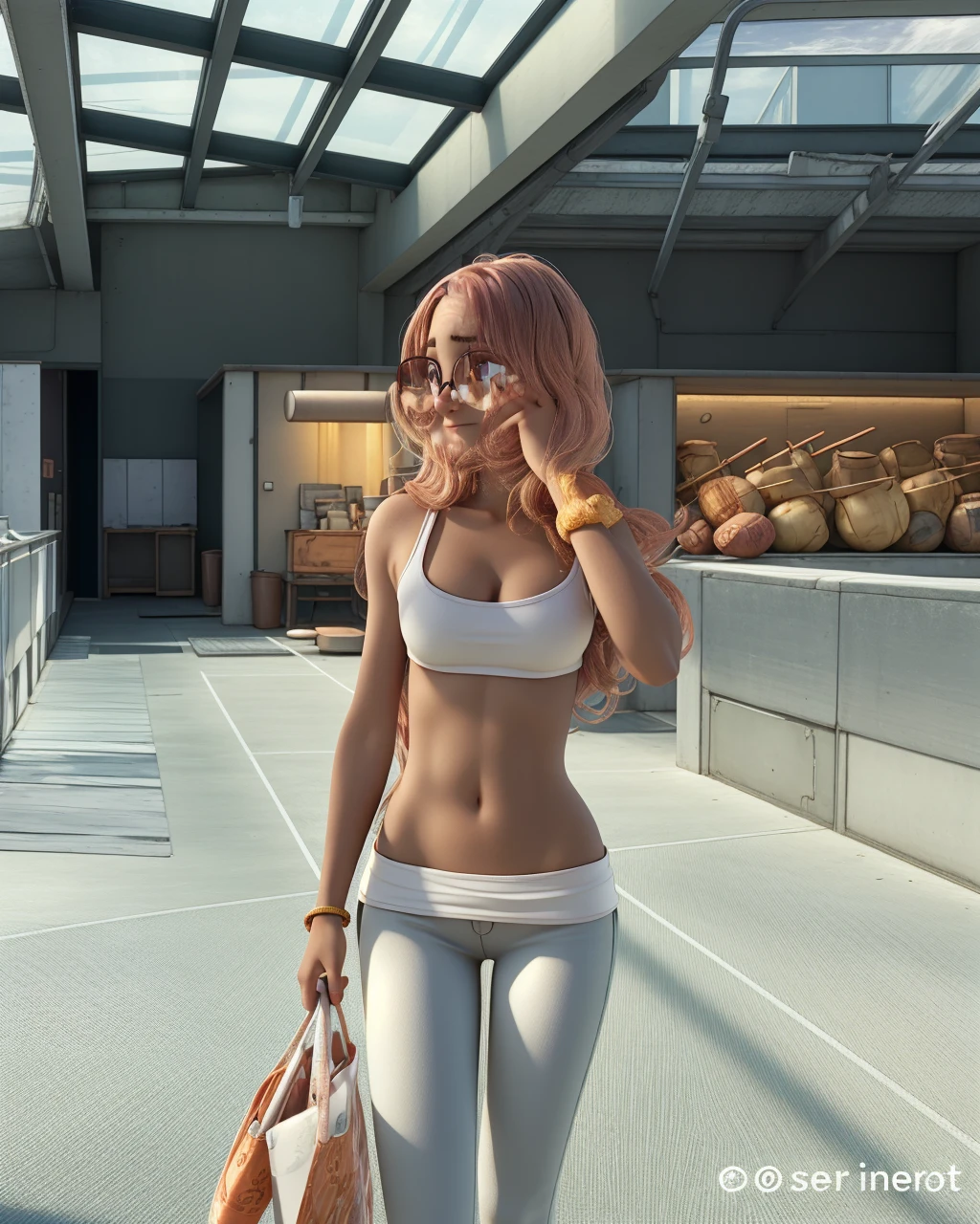 a young woman alone, with loose copper-colored hair, brown eyes and glasses ,holding some sunflowers
