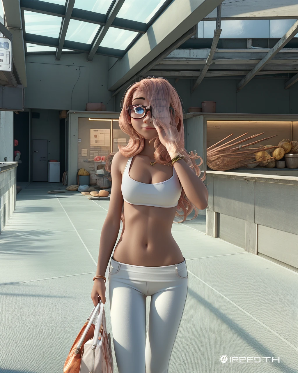 a young woman alone, with loose copper-colored hair, brown eyes and glasses ,holding some sunflowers