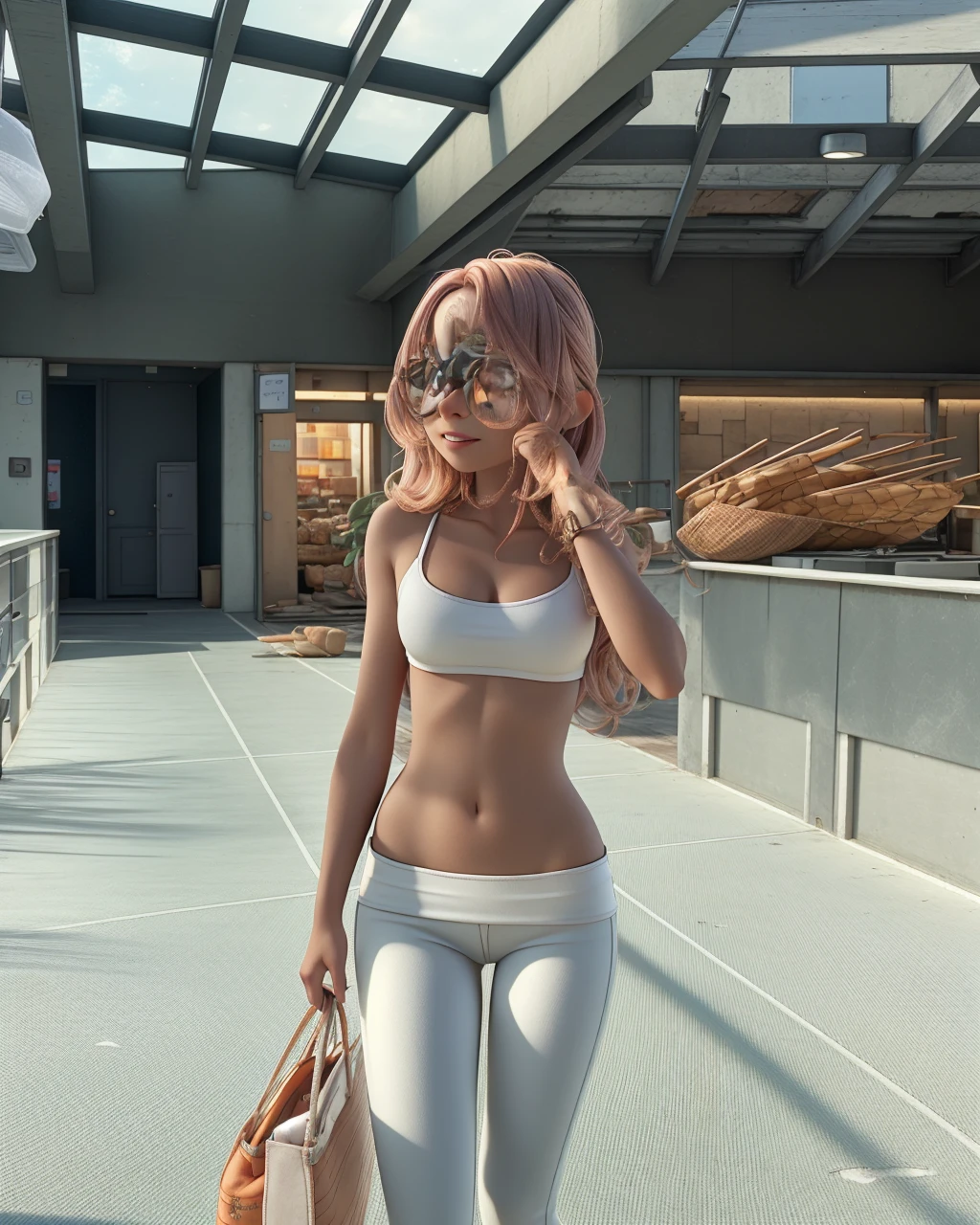 a young woman alone, with loose copper-colored hair, brown eyes and glasses ,holding some sunflowers