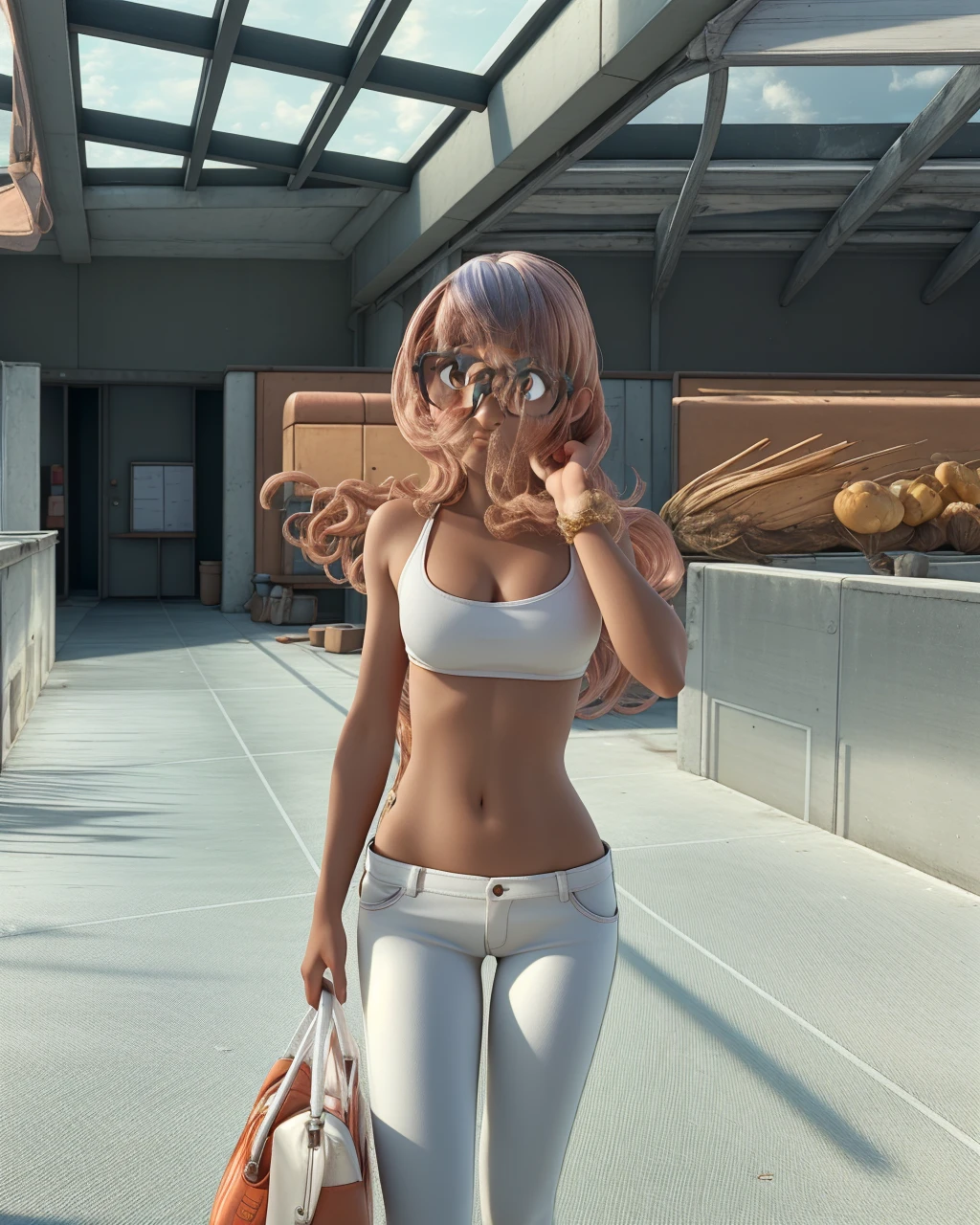 a young woman alone, with loose copper-colored hair, brown eyes and glasses ,holding some sunflowers