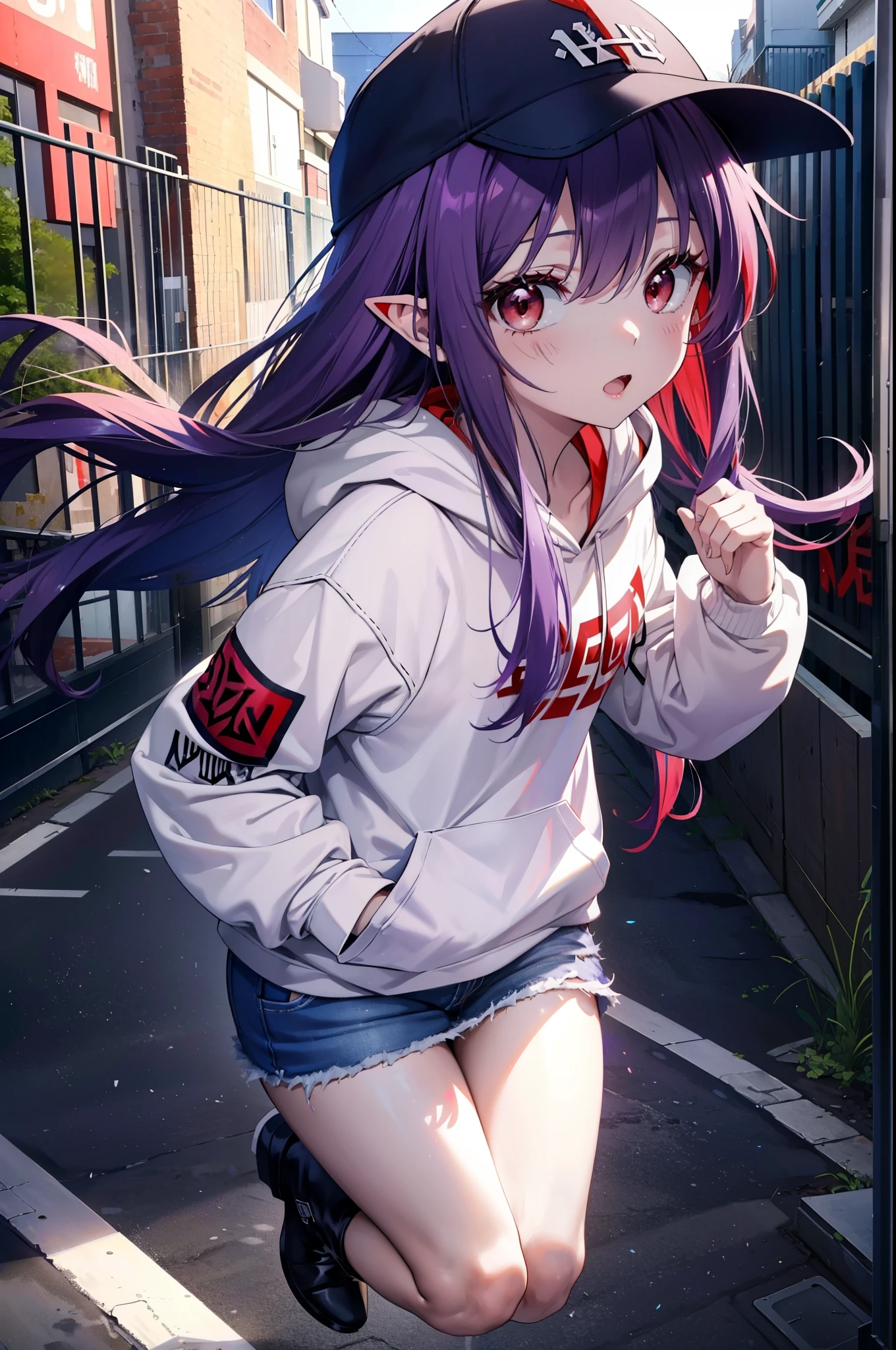 yuukikonno, Konno Yuuki, Long Hair, Pointed Ears, Purple Hair, (Red eyes:1.5), (Small breasts:1.2), Open your mouth,Baseball hats,Oversized purple hoodie,jeans,Thick hem,boots,Walking,Graffiti wall,Daytime,Clear skies,Both hands are in the pockets of the hoodie、whole bodyがイラストに入るように,
break looking at viewer, whole body,
break outdoors, Alley,
break (masterpiece:1.2), Highest quality, High resolution, unity 8k wallpaper, (figure:0.8), (Beautiful attention to detail:1.6), Highly detailed face, Perfect lighting, Highly detailed CG, (Perfect hands, Perfect Anatomy),