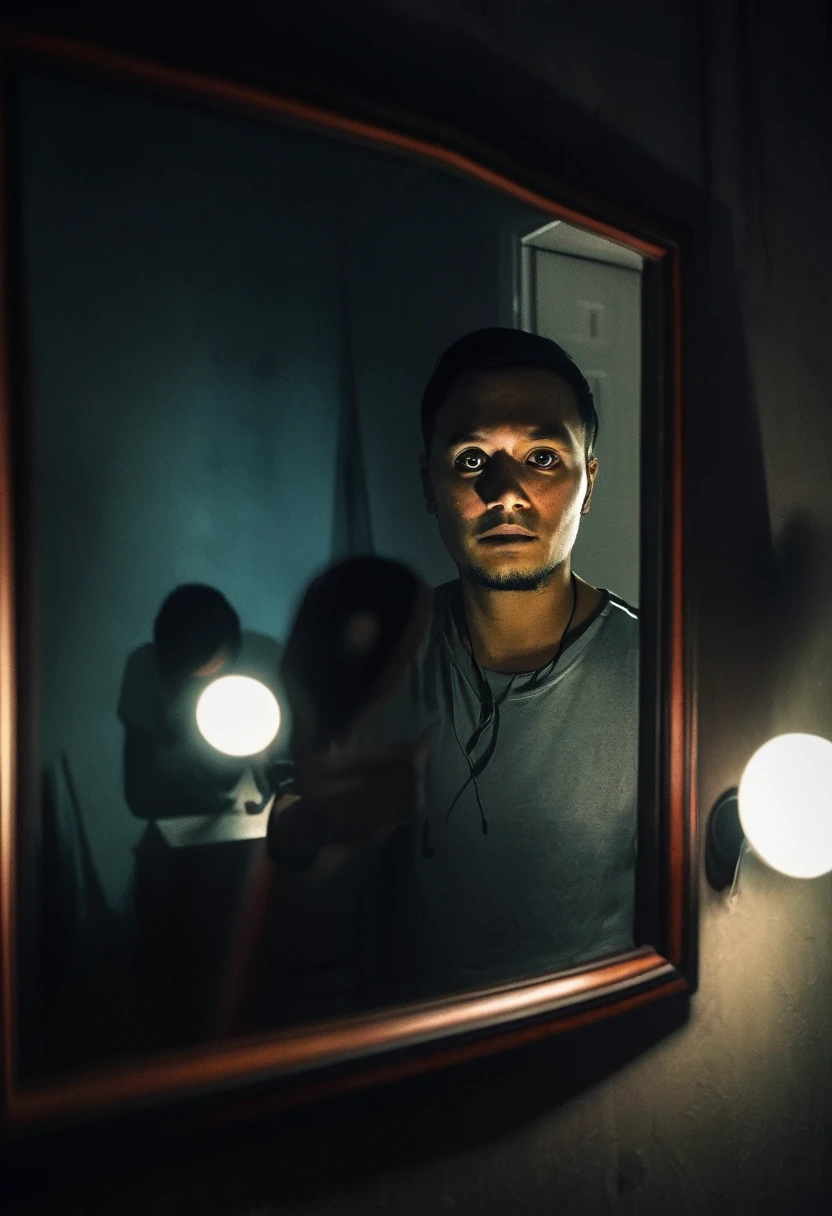 selfie photo of a man in front of the mirror but his reflection is staring at him, everything is dark, only flashlight light, disturbing atmosphere,creepy aura,