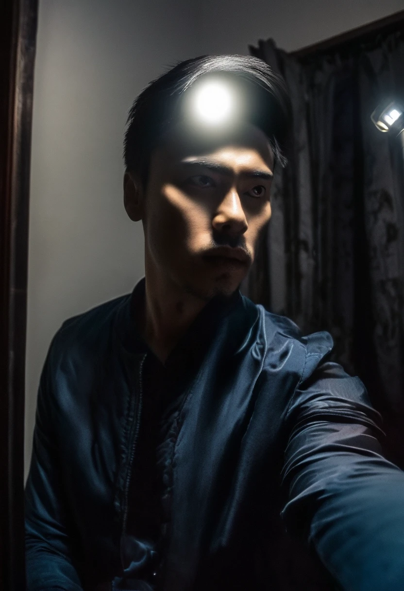 selfie photo of a man in front of the mirror but his reflection is staring at him, everything is dark, only flashlight light, disturbing atmosphere,creepy aura,