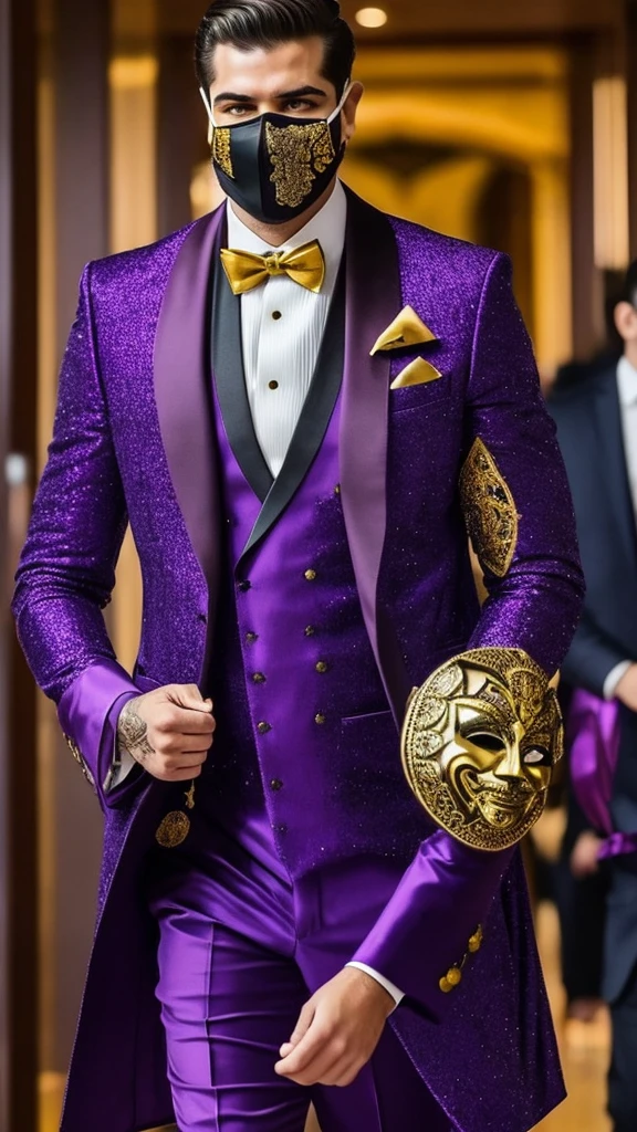 A tall, strong man wearing a purple suit with gold details and a smiling star mask that does not show his face 