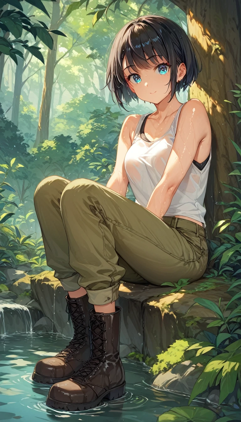score_9, score_8_up, score_7_up,source_anime, high res image,masterpiece,best quality,girl,cute face,clear skin,shiny hair,ultra detailed eyes,Black Hair、Short Bob、Japan、Military boots、cargo pants、Tank top、Bathing、in the forest、Wet hair
