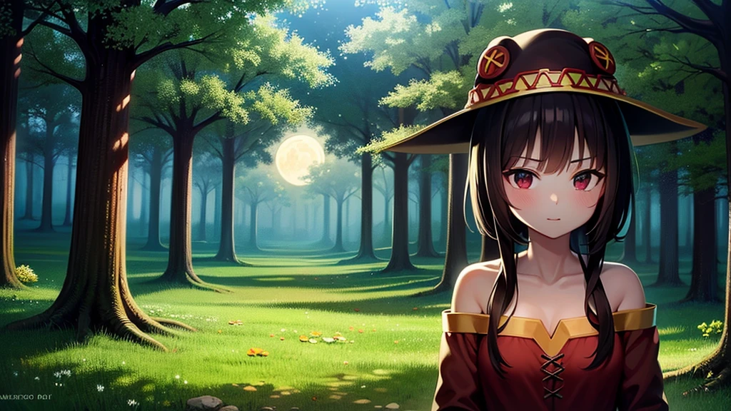 One Girl, Megumin, Fantasy, Forest Background, detailed, alone, cute, night, moonlight, 超High resolution, High resolution