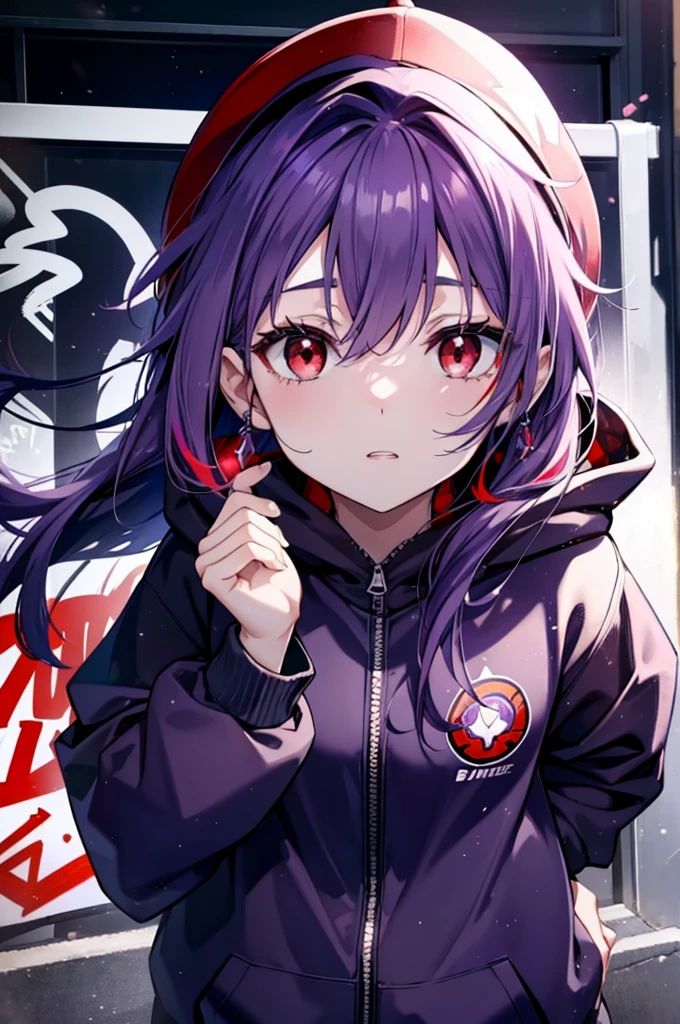yuukikonno, Konno Yuuki, Long Hair, Pointed Ears, Purple Hair, (Red eyes:1.5), (Small breasts:1.2), Open your mouth,Baseball hats,Oversized purple hoodie,jeans,Thick hem,boots,Walking,Graffiti wall,Daytime,Clear skies,Both hands are in the pockets of the hoodie、whole bodyがイラストに入るように,
break looking at viewer, whole body,
break outdoors, Alley,
break (masterpiece:1.2), Highest quality, High resolution, unity 8k wallpaper, (figure:0.8), (Beautiful attention to detail:1.6), Highly detailed face, Perfect lighting, Highly detailed CG, (Perfect hands, Perfect Anatomy),