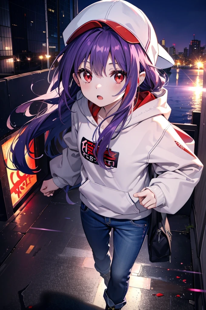 yuukikonno, Konno Yuuki,  Long Hair, Pointed Ears, Purple Hair, (Red eyes:1.5), (Small breasts:1.2), Open your mouth,Baseball hats,Oversized purple hoodie,jeans,Thick hem,boots,Walking,Graffiti wall,Daytime,Clear skies,Both hands are in the pockets of the hoodie、whole bodyがイラストに入るように,
break looking at viewer, whole body,
break outdoors, Alley,
break (masterpiece:1.2), Highest quality, High resolution, unity 8k wallpaper, (figure:0.8), (Beautiful attention to detail:1.6), Highly detailed face, Perfect lighting, Highly detailed CG, (Perfect hands, Perfect Anatomy),
