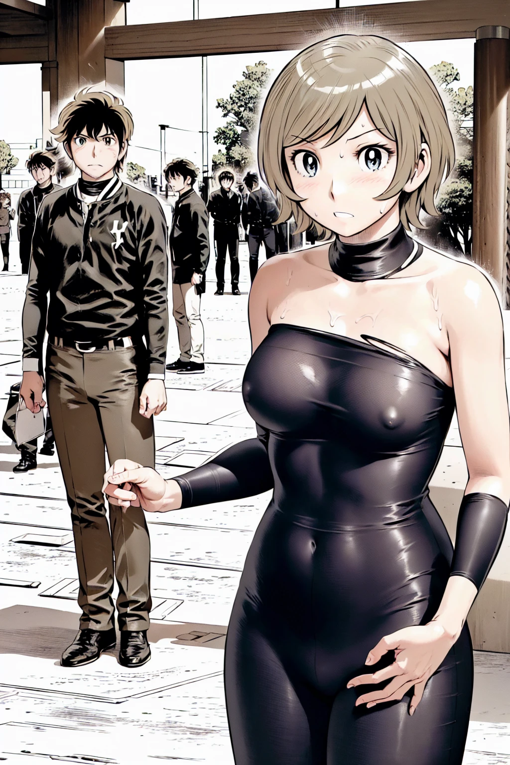 (野球uniform:1.2),
blonde, (short hair:1.2),Long sleeve, Black Shirt, turtleneck,White trousers、uniform、Black belt、((People illustrations))、big 、
View your audience,, (Highest quality:1.3),One Girl, White pants、uniform、Outdoor、baseball ground、ground、soil、blue eyes、Tight black shirt、(masterpiece、Highest quality)、Highest quality, Ultra-high resolution, (((masterpiece))), alone, Sweat、big eyes、big Breasts、Torn clothes、 Fully exposed、Nipples、One Girl, Front view、Embarrassed face、Bronze colored hair、((short hair))、Stand up straight、Cowboy Shot