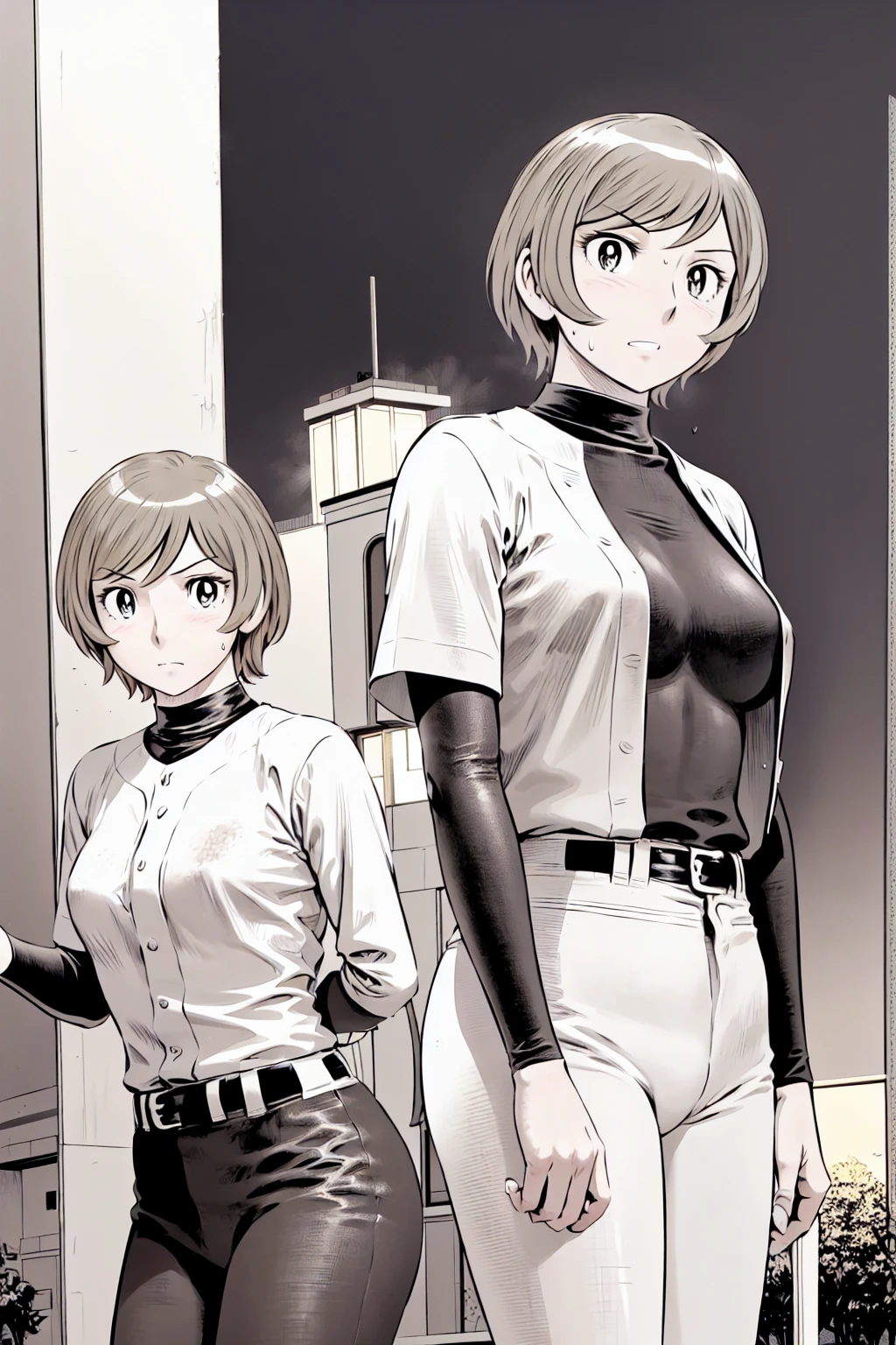 (野球uniform:1.2),
blonde, (short hair:1.2),Long sleeve, Black Shirt, turtleneck,White trousers、uniform、Black belt、((People illustrations))、big 、
View your audience,, (Highest quality:1.3),One Girl, White pants、uniform、Outdoor、baseball ground、ground、soil、blue eyes、Tight black shirt、(masterpiece、Highest quality)、Highest quality, Ultra-high resolution, (((masterpiece))), alone, Sweat、big eyes、big Breasts、Torn clothes、 Fully exposed、Nipples、One Girl, Front view、Embarrassed face、Bronze colored hair、((short hair))、Stand up straight、Cowboy Shot