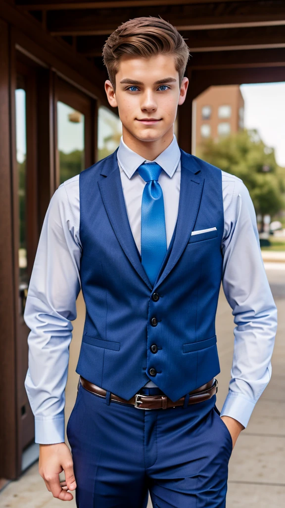 19 year old male wearing tie and lomg sleveed  button up with vest with dress pants and  3 belts
4K HIGH REZ 

Physical Description: Brown colored hair and skinny build. 5"5 and 150 LB. Blue eyes. 

.