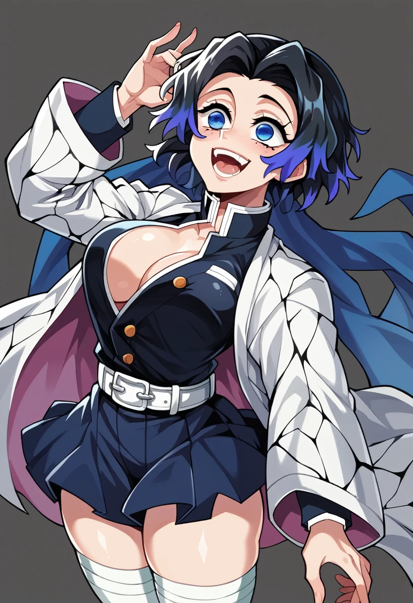 Draw a character in the animated art style of Kimetsu no Yaiba/Demon Slayer, with a vibrant and expressive appearance. Exaggerated features are essential, like big cyan blue eyes, a subtle and fun smile, and a straight posture. The character must have short black hair and be wearing a tight skirt. The composition must include a dynamic angle, with a simple background so as not to distract from the main figure. The design must be beautiful and captivating, reflecting the lively and expressive style of the Cartoon universe.