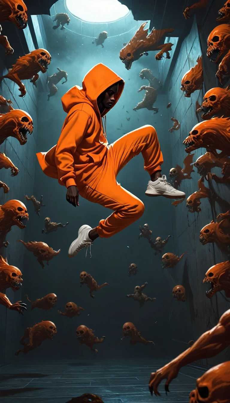 side view, a man floating in mid-air falling down, centered, wearing orange hoodie, lateral view. the wide infinite walls are made with the bodies of of dark skulls and dark skin monsters, monsters strech their claws trying to reach the mans body , horror art, dim light, digital illustration,