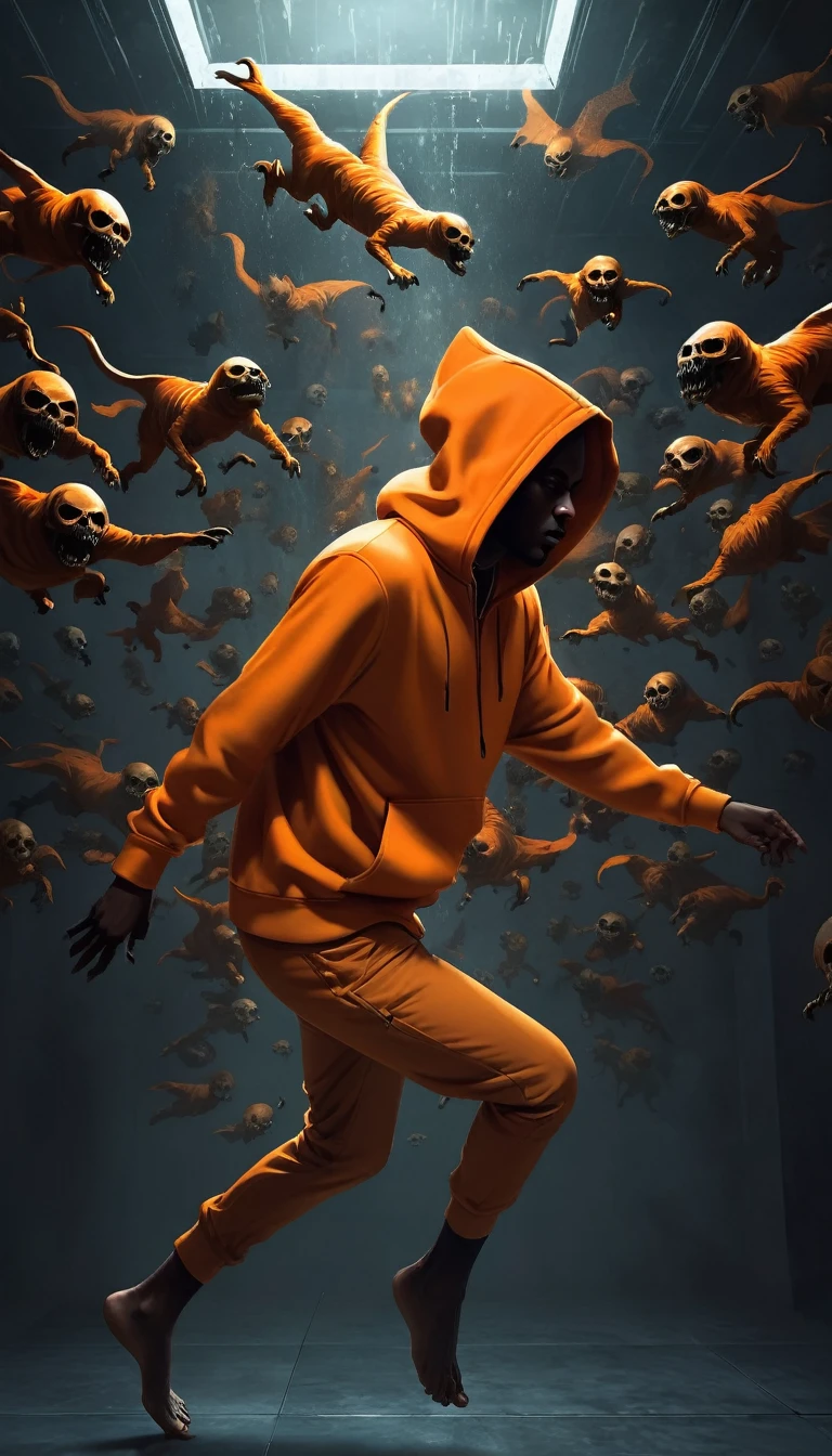 side view, a man floating in mid-air falling down, centered, wearing orange hoodie, lateral view. the wide infinite walls are made with the bodies of of dark skulls and dark skin monsters, monsters strech their claws trying to reach the mans body , horror art, dim light, digital illustration,