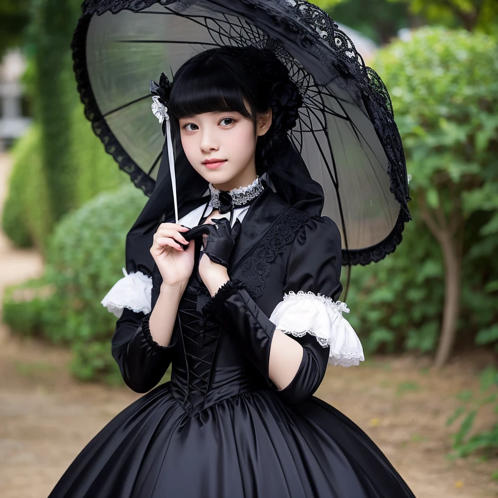 (realistic, photo-realistic:1.37), incredibly absurdres, (insanely detailed:1.3), 8k, (masterpiece), (best quality:1.4), (ultra high res:1.2), (RAW photo:1.2), ultra detailed background, (unity 8k wallpaper), 1 nogizaka girl, utterly cute, bishojo, , (gothic loliashion), an exquisitely detailed and beautiful face and eyes and skin, detailed black shine hair, elegant frills, frilled tie, ribbon tie, rose hair accessory, a dress with delicate lace, soft fabric, and a beautiful rose pattern, smile at the camera, cowboy shot, castles scenery in europe, professional lighting