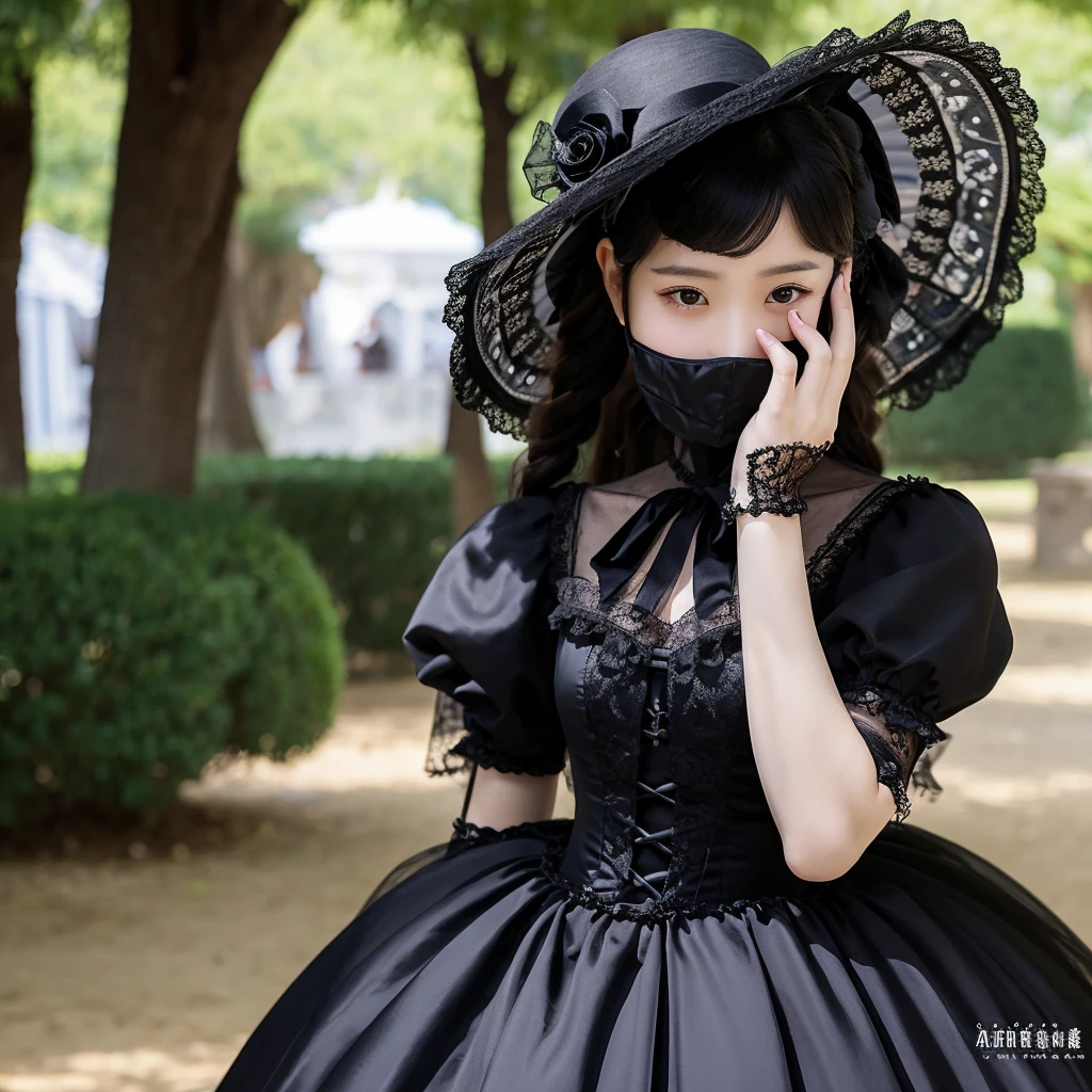 Woman in black Victorian era dress with black veil covering her face with a black parasol 