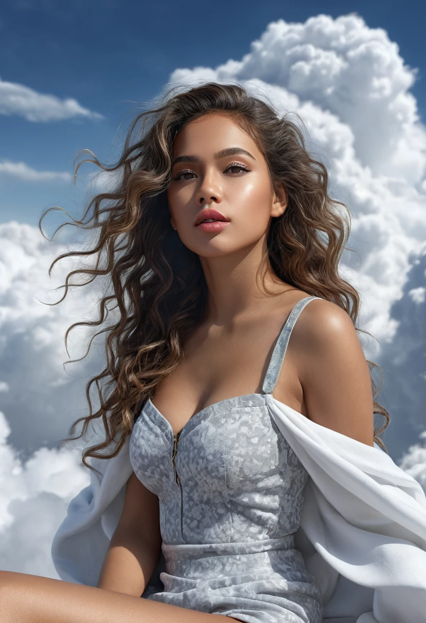 8k,beautiful mixed girl, long wavy hair, beautiful lips, beautiful clear grey eyes, extremely detailed sexy body, Sitting in a Cloud, sky, cloud, Cloud clothes on the chest colors,best quality,4k,8k,highres,masterpiece:1.2),ultra-detailed, fond blanc (realistic,photorealistic,photo-realistic:1.37),portrait,landscape