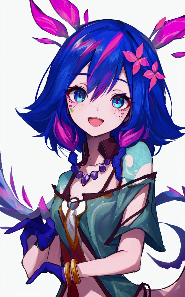 (masterpiece:1.2, best quality:1.2, beautiful, high quality, highres:1.1, aesthetic), detailed, extremely detailed, ambient soft lighting, 4K, perfect eyes, perfect face, perfect lighting, 1girl, bare shoulders, bracelet, breasts,   
magic,ice,
winder_neeko,blue hair,short hair,crop top,short,lizard tail, twin braids, headpiece, fur collar, necklace,color tattoo,purple eyeshadow, freckles, eyeshadow, facial mark, looking_at_viewer,snowflake background, blue tail,winder forest, upper body, smile,:d, 
snowflake background,