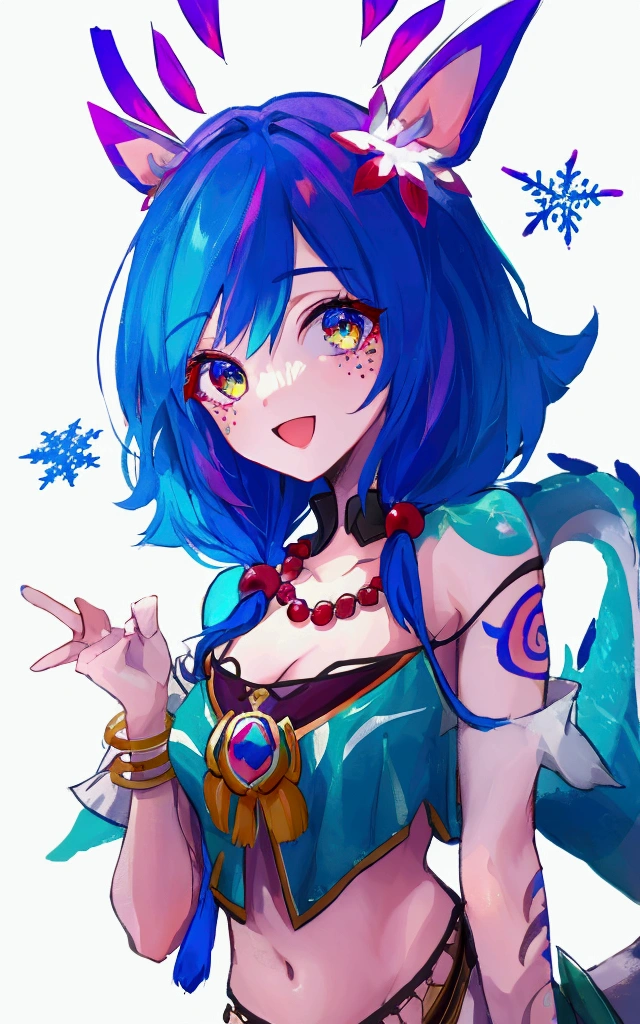 (masterpiece:1.2, best quality:1.2, beautiful, high quality, highres:1.1, aesthetic), detailed, extremely detailed, ambient soft lighting, 4K, perfect eyes, perfect face, perfect lighting, 1girl, bare shoulders, bracelet, breasts,   
magic,ice,
winder_neeko,blue hair,short hair,crop top,short,lizard tail, twin braids, headpiece, fur collar, necklace,color tattoo,purple eyeshadow, freckles, eyeshadow, facial mark, looking_at_viewer,snowflake background, blue tail,winder forest, upper body, smile,:d, 
snowflake background,