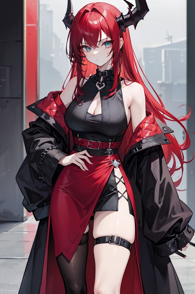 Mio Naruse (best quality,8k,ultra-detailed,realistic), extremely detailed photo of a (((20 year old))), black girl, scarlet witch, wearing black lace dress, open red leather jacket, black pantyhose, model photoshoot, photography, studio lighting, professional, vivid colors
