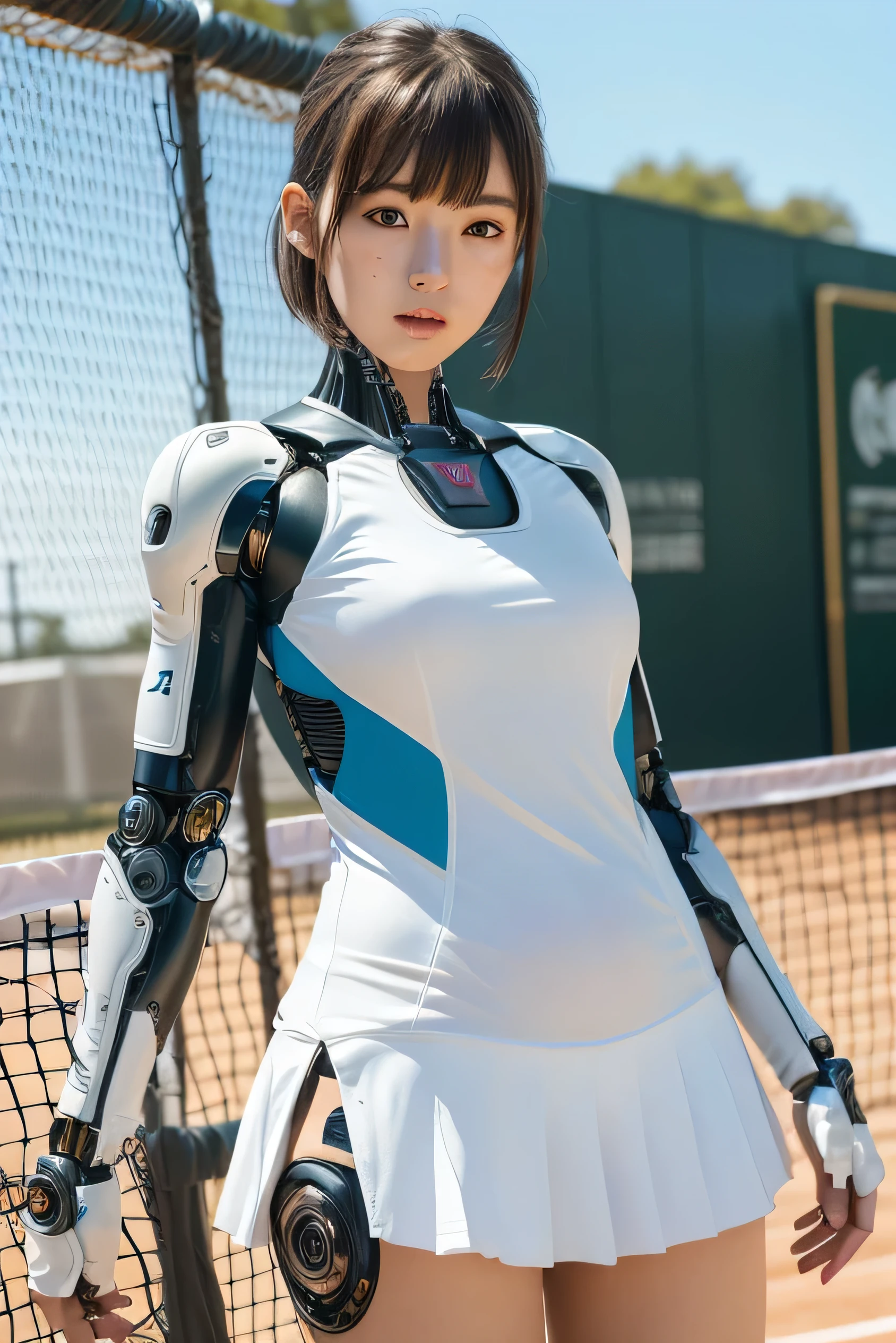 masterpiece, best quality, extremely detailed, Japanese android girl,Plump ,control panels,robot arms,robot,android,cyborg,white robot body,ceramic body,perfect robotgirl,blunt bangs,tennis player,tennis wear,blue eyes