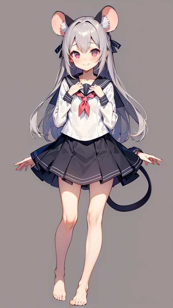 ((masterpiece))((Highest quality))Mouse Ears、girl、smile、blush、Flat Chest、Are thin、、low length、Gray Hair、blush、Are standing、Whole body image、Even your toes are visible、Eye level on face、front、No background、Mouse pose、真frontのアングル、Sailor suit