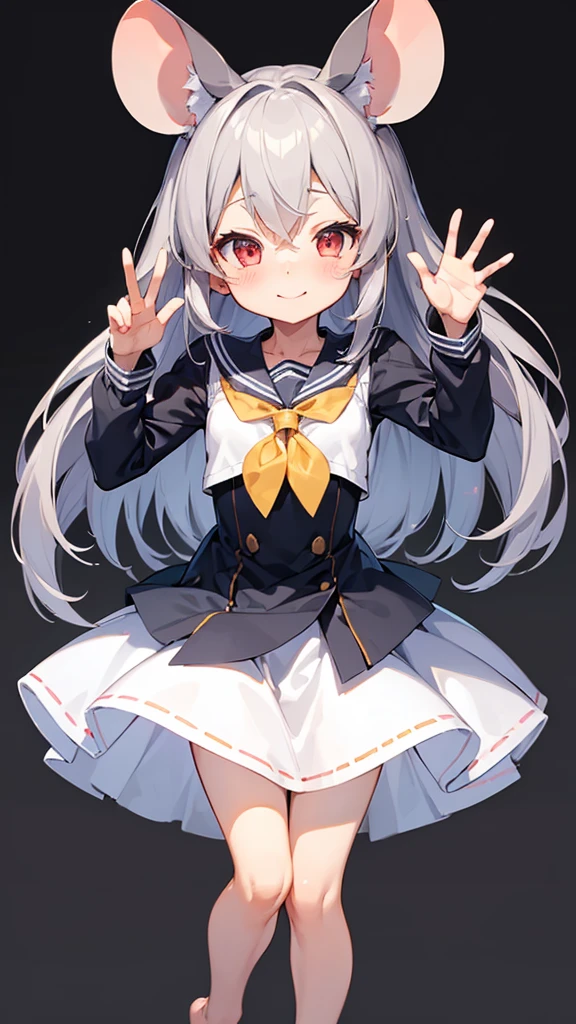 ((masterpiece))((Highest quality))Mouse Ears、girl、smile、blush、Flat Chest、Are thin、、low length、Gray Hair、blush、Are standing、Whole body image、Even your toes are visible、Eye level on face、front、No background、Mouse pose、真frontのアングル、Sailor suit