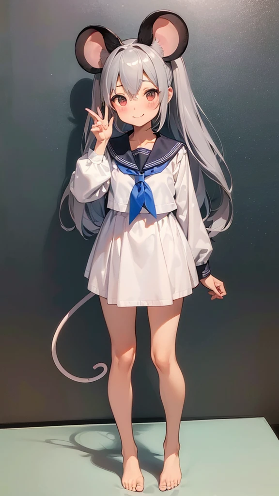 ((masterpiece))((Highest quality))Mouse Ears、girl、smile、blush、Flat Chest、Are thin、、low length、Gray Hair、blush、Are standing、Whole body image、Even your toes are visible、Eye level on face、front、No background、Mouse pose、真frontのアングル、Sailor suit