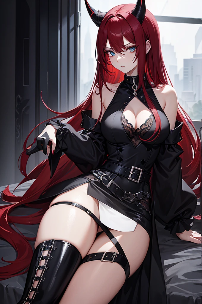 The character depicted in the image has a striking and elegant appearance. She has long, straight red hair that cascades down past her waist. Her eyes are a vivid turquoise color, giving her an intense and captivating gaze. On her head, she has black, horn-like accessories that add a dramatic and somewhat dark element to her look.
She is dressed in a stylish, off-shoulder black outfit with long sleeves. The top of her dress features a heart-shaped neckline with a jagged design, showing a portion of her chest. Around her neck, she wears a black choker with a design that mimics a lace pattern.
Her outfit includes a short, fitted black skirt with a high slit in the front, revealing her thighs. A red belt with a silver buckle cinches her waist, adding a pop of color to her dark ensemble. She wears thigh-high black stockings and black shoes with a decorative chain detail on the front.
Overall, her look is both elegant and edgy,