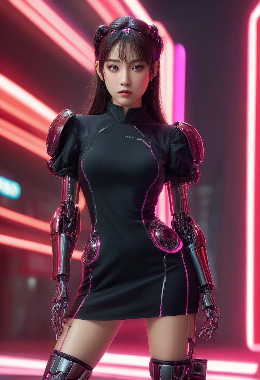 xxmixgirl. Highly detailed professional 35mm film, bokeh, face in sharp focus. A robotic female, Miku, with ((metal skin)), ((perfect Asian eyes)) with magenta irises and ((black pupils)), beautiful serious (detailed face), 18 year old ((photorealistic face)), very long magenta twin tails of magenta hair, twin black hair ties with a single red stripe. She may have a black audio headpiece. We can see her ((full body)) down to her boot soles. Her outfit is a sleeveless collared light grey shirt, outlined in red around the frilled collar and hems. Shiny reflective ((metallic breast cups, dimpleless)), invisible nipples. She wears black sleeves with red hems that start around her upper arm and bellow out as the sleeves open and extend to her wrists, with wide trumpet red rimmed cuffs. She has perfect robotic (detailed hands). She wears a red colored tie with two horizontal solid parallel black lines halfway across. She wears a fabric black skirt with a horizontal red hem at the bottom all the way around; her (((black skirt wraps around her))) and ((her skirt completely covers)) her robotic waist and thighs. Tall black boots with red bottom soles, a red rim around the top at her thighs. Her mechanical shoulder joints are visible. We can see her robotic legs and robotic neck. Half of her is covered with shiny polished machinery. The background is a distant dark neon futuristic Japanese city, gold, cyan, violet neon, near harbor or mountains.