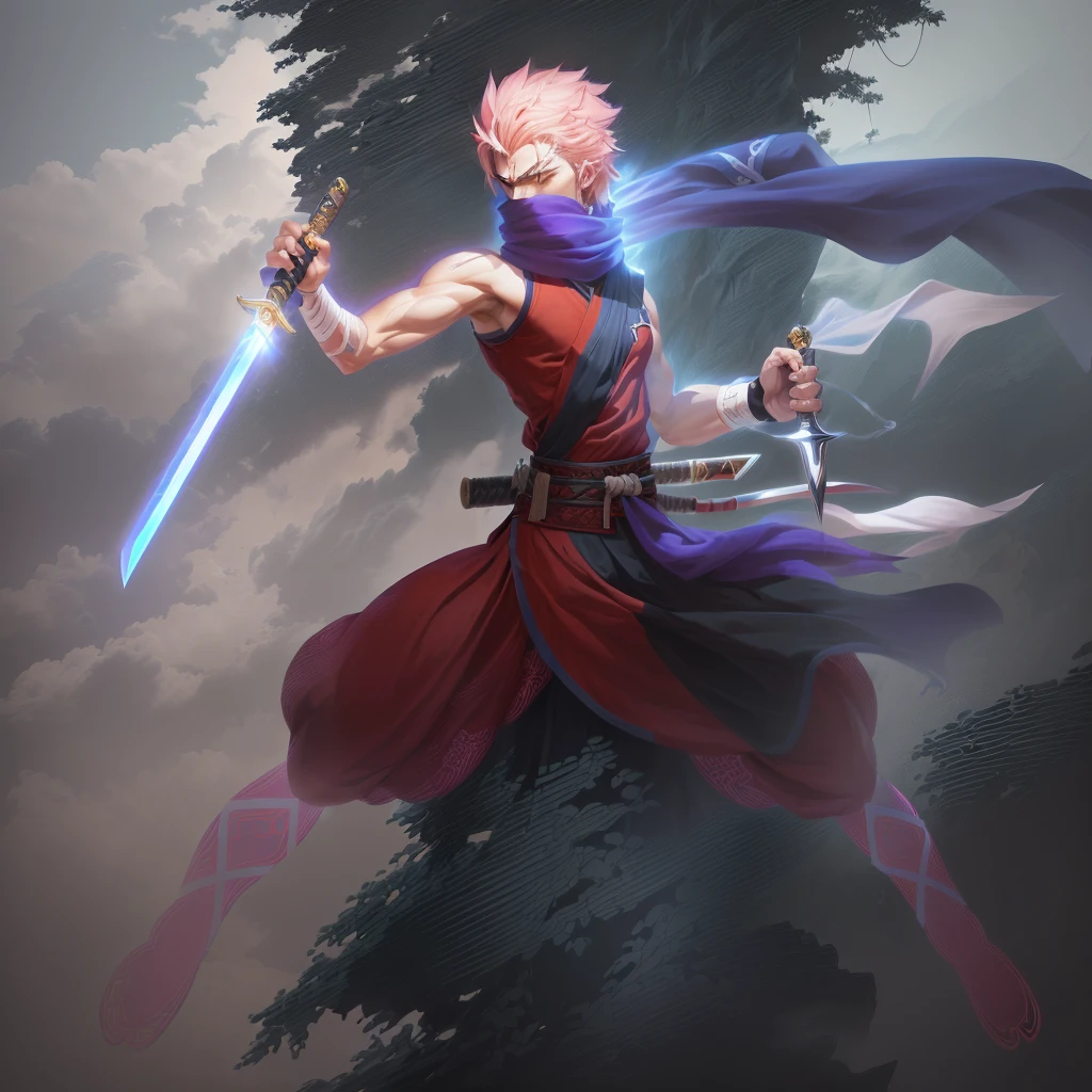 anime character with sword and scarf in a fighting pose, angry character wielding a sword, dramatic wielding sword pose, with large sword, anime style character, inspired by Kamisaka Sekka, anime in fantasy style, clean lineart and color, concept art of a monk, warrior character design, carrying scabbard on his back, picture of an adult male warrior