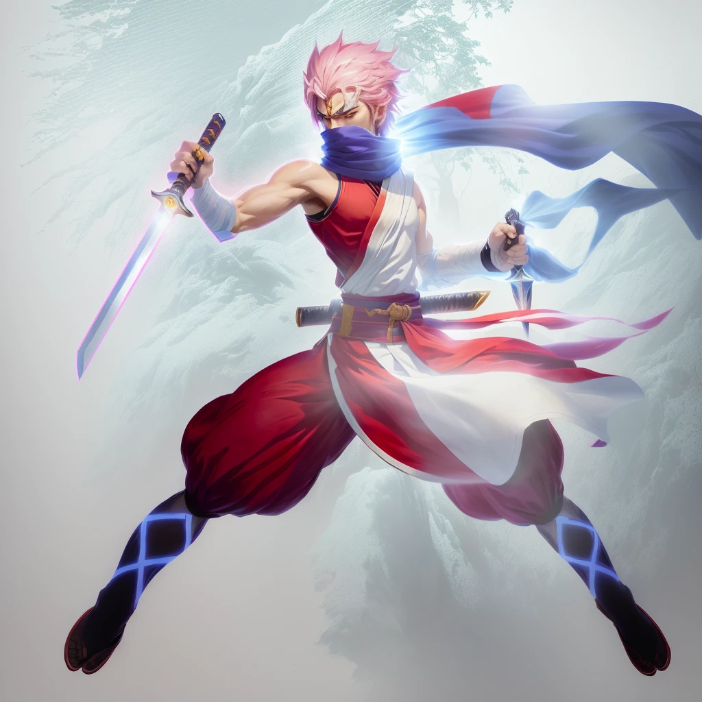 anime character with sword and scarf in a fighting pose, angry character wielding a sword, dramatic wielding sword pose, with large sword, anime style character, inspired by Kamisaka Sekka, anime in fantasy style, clean lineart and color, concept art of a monk, warrior character design, carrying scabbard on his back, picture of an adult male warrior