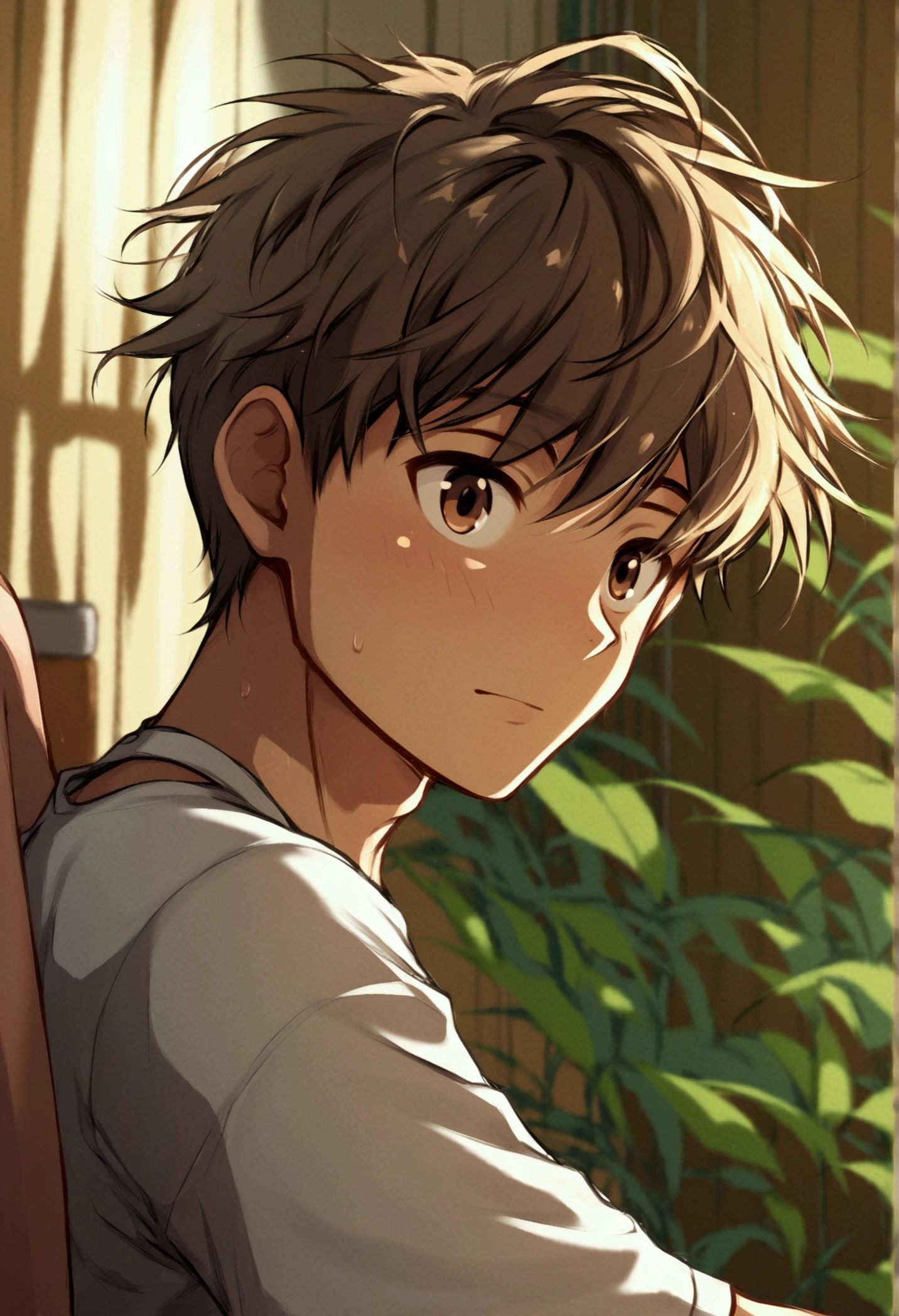 ung boy, her hair is brown and messy with side bangs, Your brown eyes, YOUR TANNING SKIN, he is wearing underwear and a loose t-shirt, he's sitting