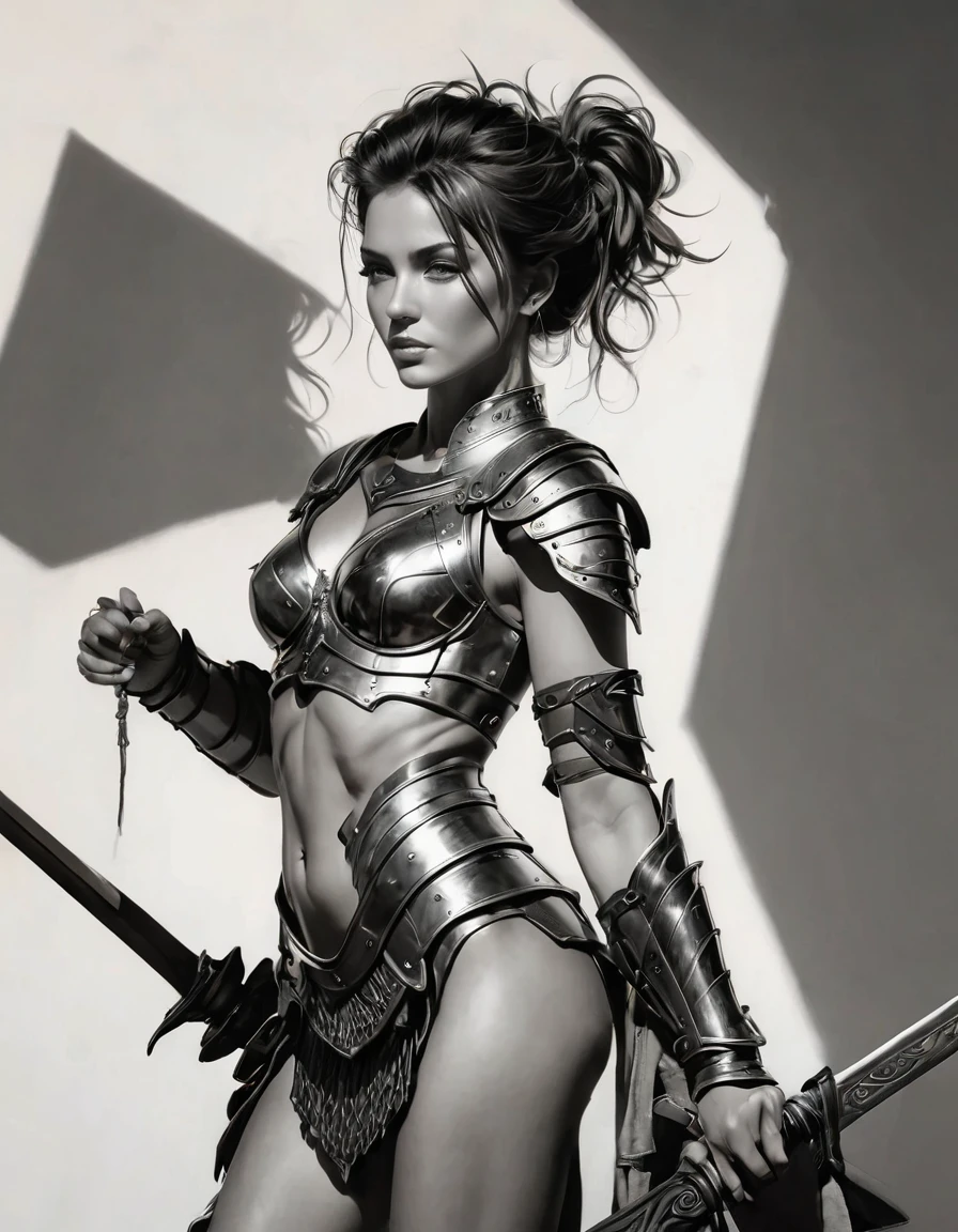 smooth lines, Express expressions and postures through ink contrast, The background is simple. emphasize light, shadow and space. ((full body):1.3), Drawing of Mature beauty. ((Detailed eye):1.3),((fresh)), wearing gladiator armor, painting, (best quality,4K,8k,high resolution,masterpiece:1.2),Super detailed,(actual,photoactual,photo-actual:1.37).Clean abs,