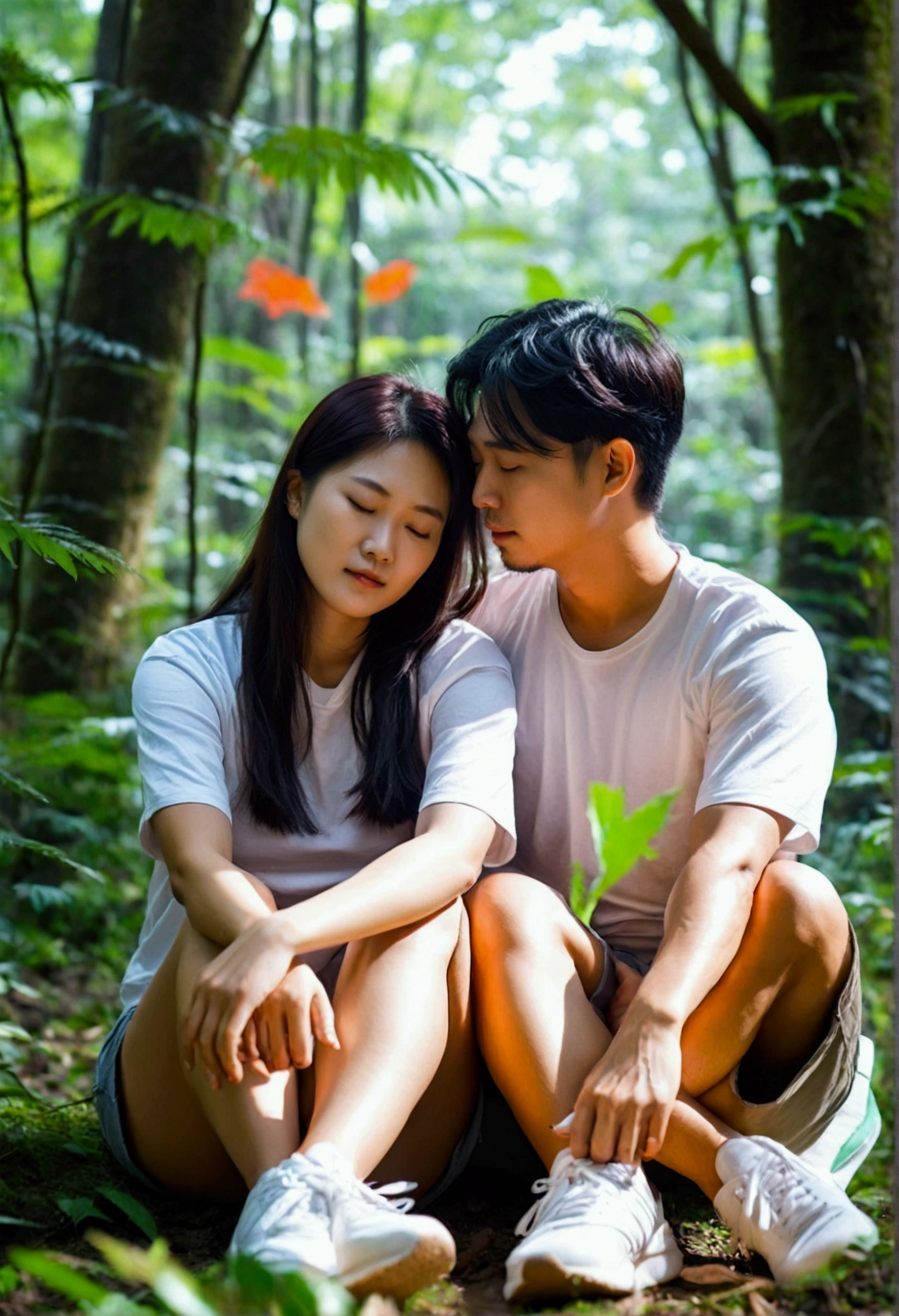 A couple from Korea sits squatting (open legs) in the middle of a lush forest. They wore casual clothes with white t-shirts and shorts, and white sports shoes. The man sits behind the woman, hugging her with his arms around her waist and shoulders, while the woman leans back with her head against the man's chest, with her eyes closed as if enjoying a quiet and intimate moment together. The forest background shows tall trees and dense green leaves, giving the image a natural and peaceful feel. Sunlight can be seen faintly penetrating between the leaves, creating a shady and comfortable atmosphere.