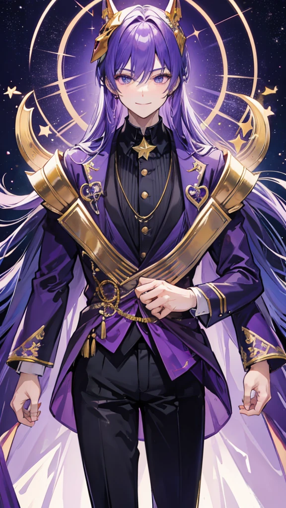 A tall, strong man wearing a purple suit with gold details and a smiling star mask that does not show his face