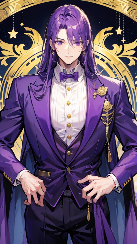 A tall, strong man wearing a purple suit with gold details and a smiling star mask that does not show his face