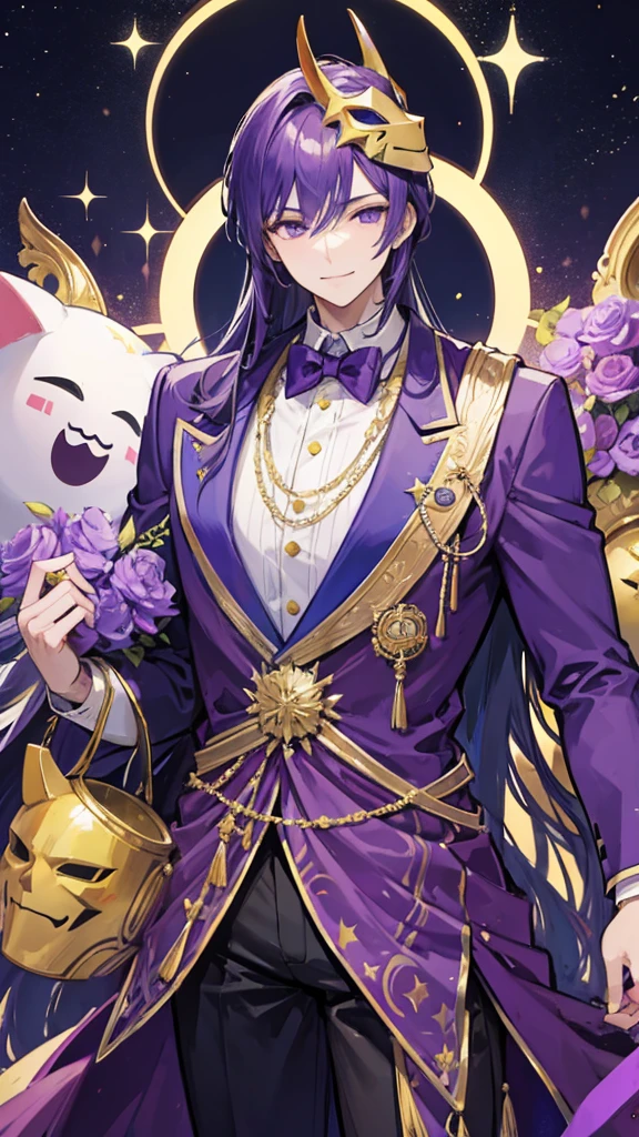 A tall, strong man wearing a purple suit with gold details and a smiling star mask that does not show his face